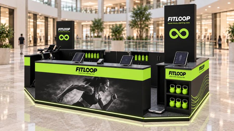 FITLOOP counter-type island kiosk — right three-quarter view, gym and fitness club promotion (AI-assisted 3D visualisation)