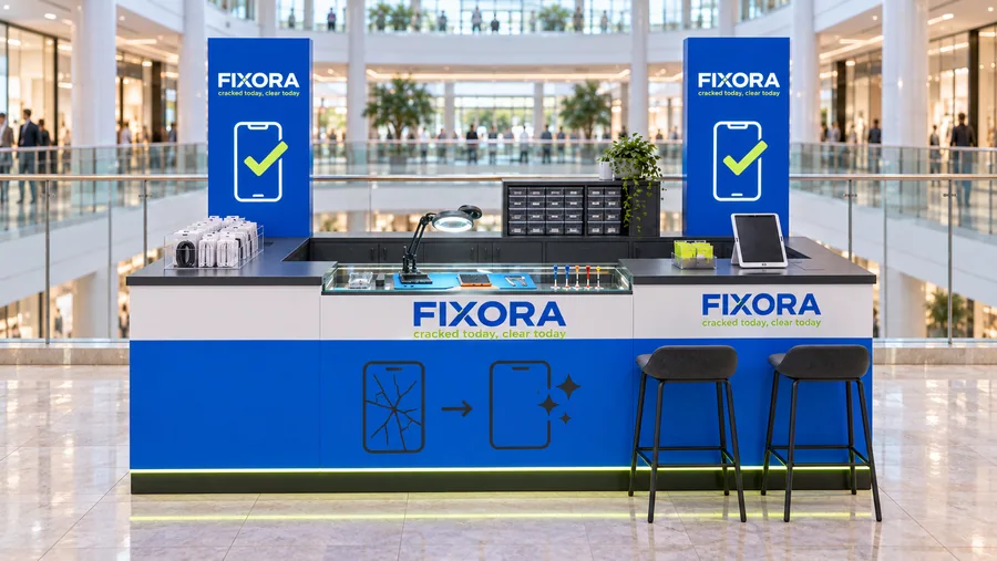 FIXORA counter-type kiosk in front of a balcony — front view, phone and tablet repair (AI-assisted 3D visualisation)