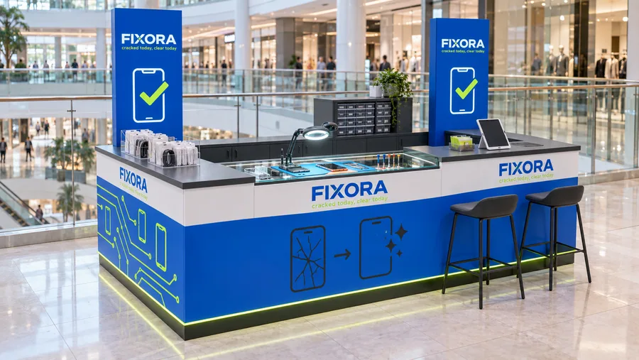 FIXORA counter-type kiosk in front of a balcony — left three-quarter view, phone and tablet repair (AI-assisted 3D visualisation)