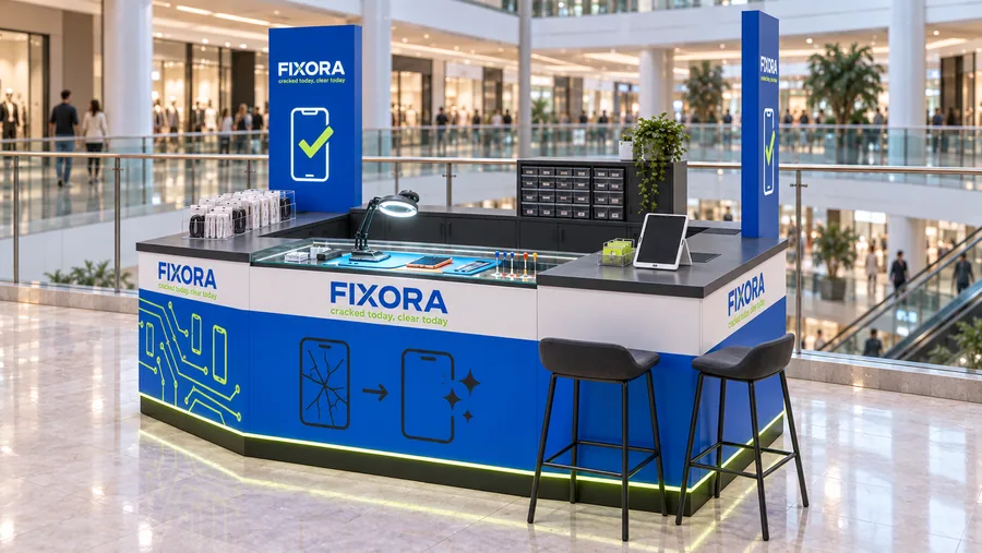 FIXORA counter-type kiosk in front of a balcony — right three-quarter view, phone and tablet repair (AI-assisted 3D visualisation)