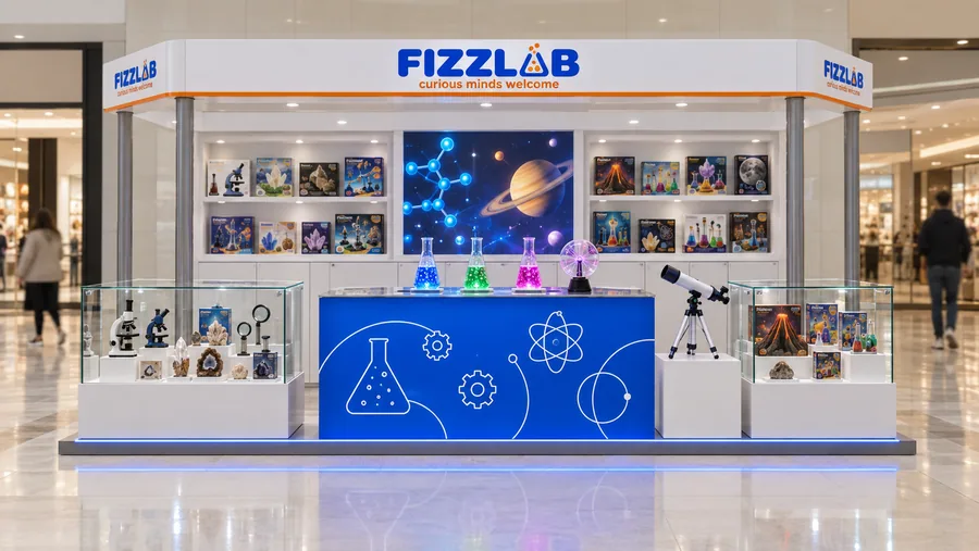 FIZZLAB crowned kiosk in front of a wall — front view, science experiment kits for children (AI-assisted 3D visualisation)