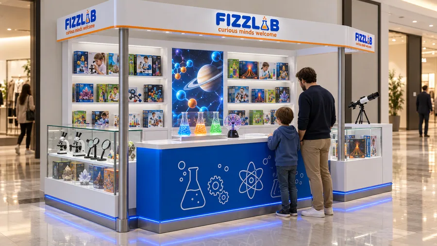 FIZZLAB crowned kiosk in front of a wall — left three-quarter view, science experiment kits for children (AI-assisted 3D visualisation)