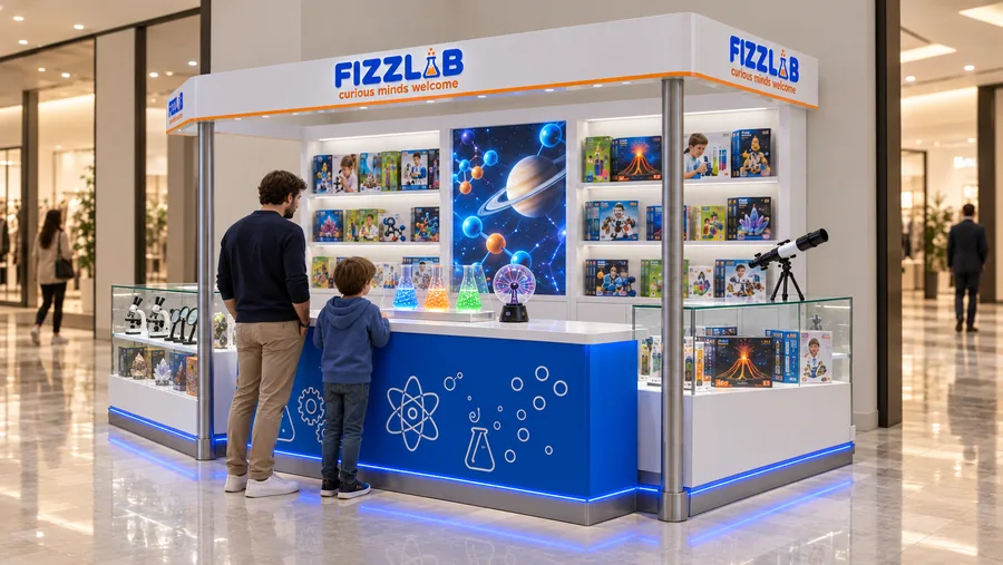 FIZZLAB crowned kiosk in front of a wall — right three-quarter view, science experiment kits for children (AI-assisted 3D visualisation)