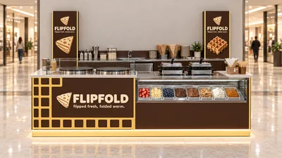 FLIPFOLD — كشك بطاولة أمام جدار (تصور ثلاثي الأبعاد بمساعدة الذكاء الاصطناعي)