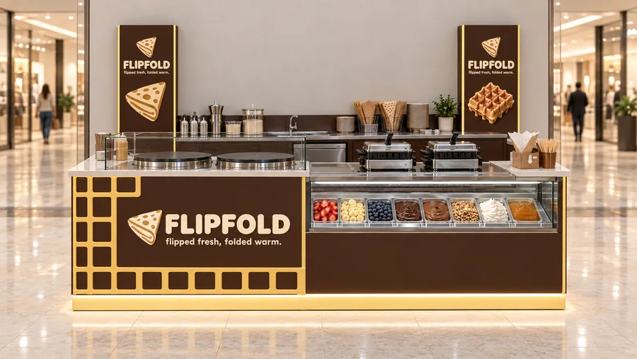 FLIPFOLD counter-type kiosk in front of a wall — front view, sweet crêpes and Belgian waffles made to order (AI-assisted 3D visualisation)