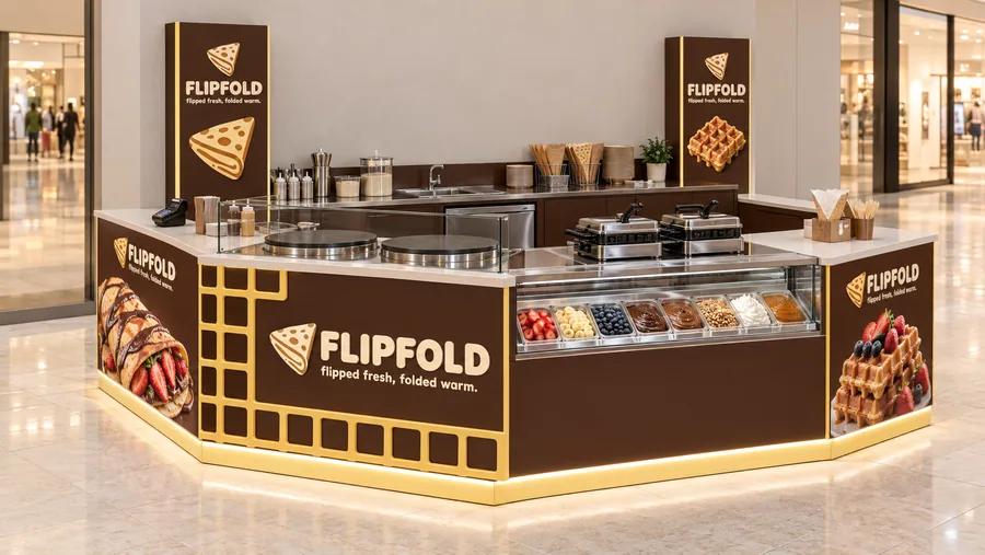 FLIPFOLD counter-type kiosk in front of a wall — left three-quarter view, sweet crêpes and Belgian waffles made to order (AI-assisted 3D visualisation)