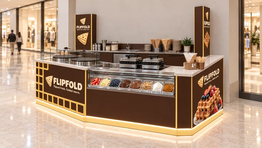 FLIPFOLD counter-type kiosk in front of a wall — right three-quarter view, sweet crêpes and Belgian waffles made to order (AI-assisted 3D visualisation)