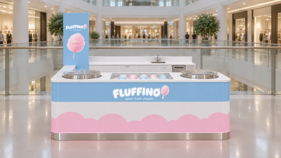 FLUFFINO counter-type kiosk in front of a balcony — front view, freshly spun cotton candy in pastel colours (AI-assisted 3D visualisation)