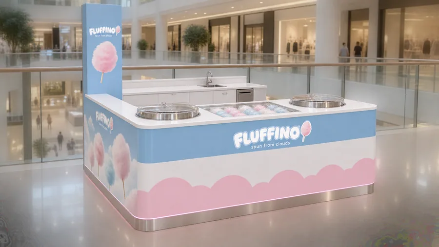 FLUFFINO counter-type kiosk in front of a balcony — left three-quarter view, freshly spun cotton candy in pastel colours (AI-assisted 3D visualisation)