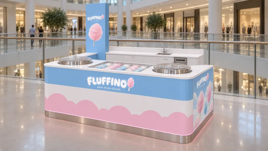 FLUFFINO counter-type kiosk in front of a balcony — right three-quarter view, freshly spun cotton candy in pastel colours (AI-assisted 3D visualisation)