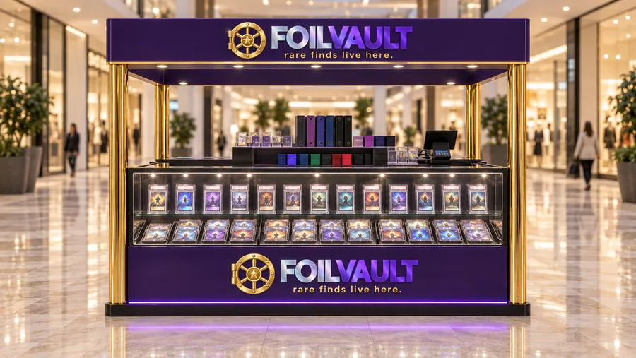 FOILVAULT crowned island kiosk — front view, trading cards (AI-assisted 3D visualisation)