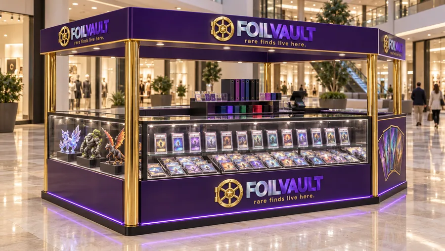 FOILVAULT crowned island kiosk — left three-quarter view, trading cards (AI-assisted 3D visualisation)