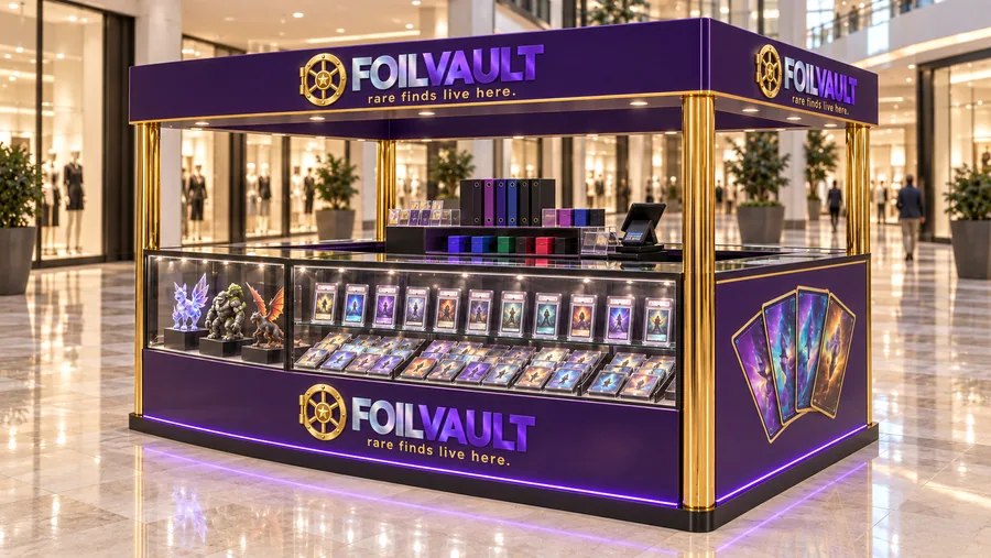 FOILVAULT crowned island kiosk — right three-quarter view, trading cards (AI-assisted 3D visualisation)
