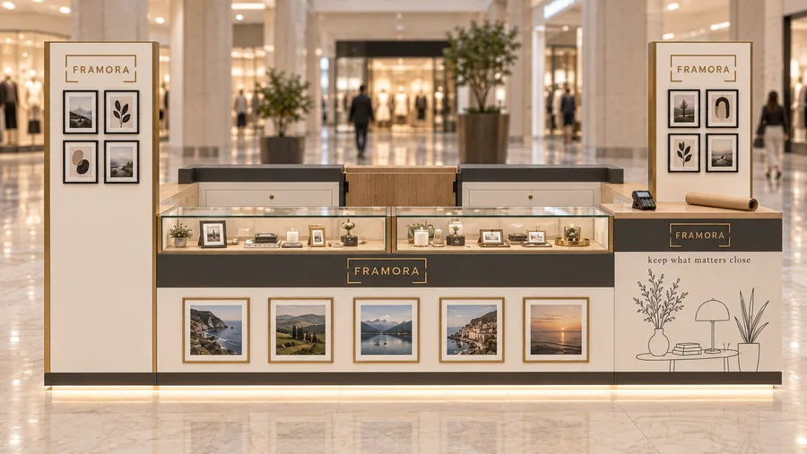 FRAMORA counter-type island kiosk — front view, photo frames (AI-assisted 3D visualisation)