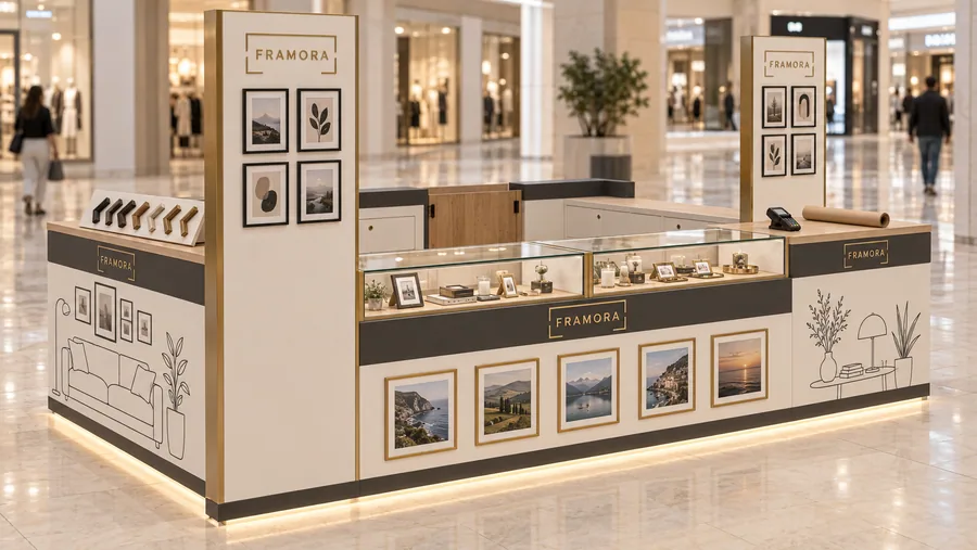 FRAMORA counter-type island kiosk — left three-quarter view, photo frames (AI-assisted 3D visualisation)