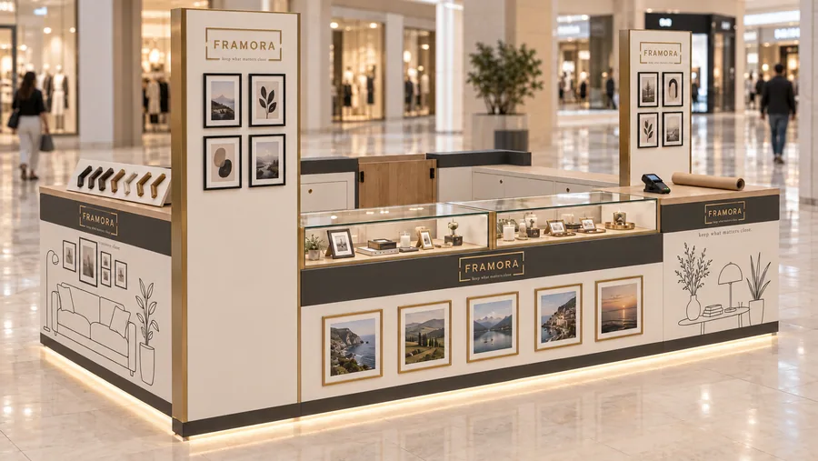 FRAMORA counter-type island kiosk — right three-quarter view, photo frames (AI-assisted 3D visualisation)