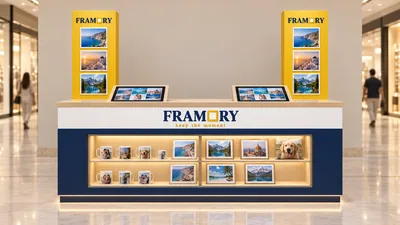 FRAMORY — كشك بطاولة أمام جدار (تصور ثلاثي الأبعاد بمساعدة الذكاء الاصطناعي)
