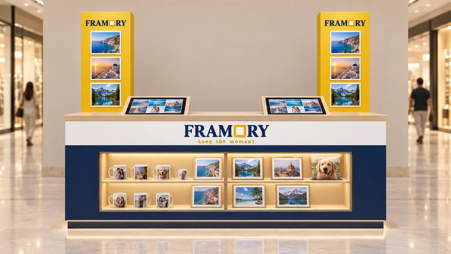 FRAMORY counter-type kiosk in front of a wall — front view, instant photo printing from phones (AI-assisted 3D visualisation)