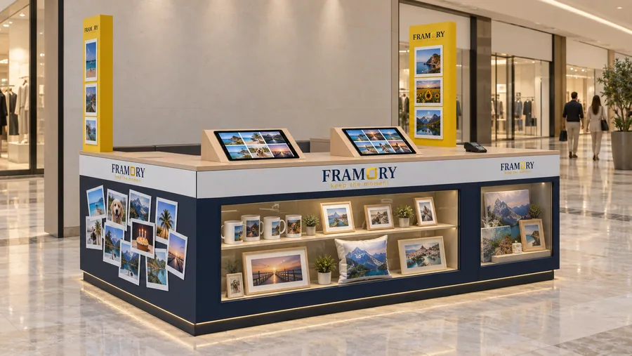 FRAMORY counter-type kiosk in front of a wall — left three-quarter view, instant photo printing from phones (AI-assisted 3D visualisation)