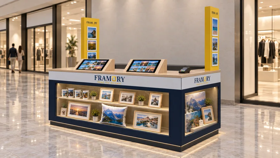 FRAMORY counter-type kiosk in front of a wall — right three-quarter view, instant photo printing from phones (AI-assisted 3D visualisation)