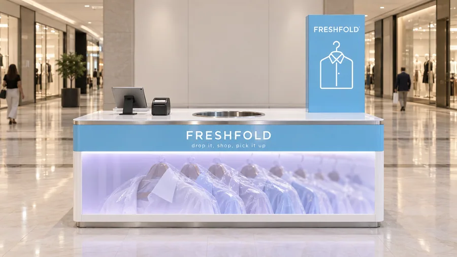 FRESHFOLD counter-type kiosk in front of a wall — front view, dry-cleaning and laundry drop-off point (AI-assisted 3D visualisation)