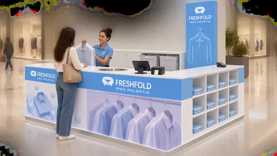 FRESHFOLD counter-type kiosk in front of a wall — left three-quarter view, dry-cleaning and laundry drop-off point (AI-assisted 3D visualisation)