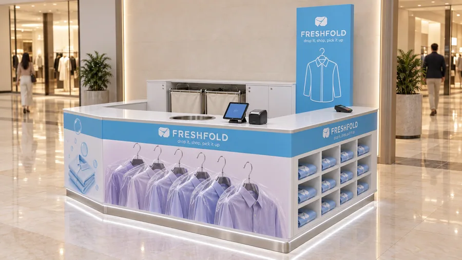 FRESHFOLD counter-type kiosk in front of a wall — right three-quarter view, dry-cleaning and laundry drop-off point (AI-assisted 3D visualisation)