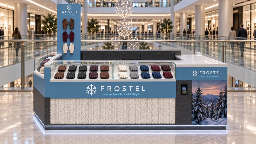 FROSTEL counter-type kiosk in front of a balcony — front view, leather and knit gloves (AI-assisted 3D visualisation)