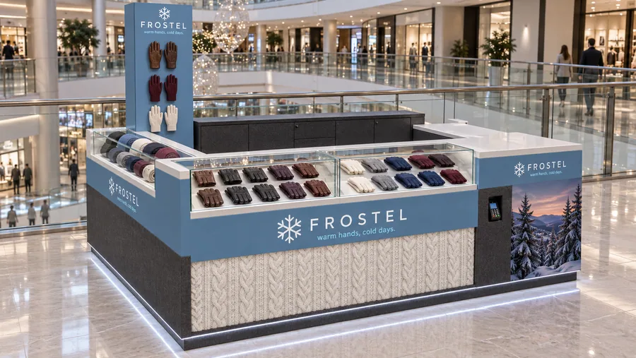 FROSTEL counter-type kiosk in front of a balcony — left three-quarter view, leather and knit gloves (AI-assisted 3D visualisation)