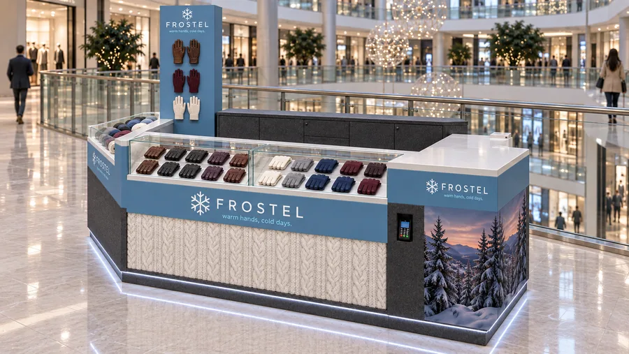 FROSTEL counter-type kiosk in front of a balcony — right three-quarter view, leather and knit gloves (AI-assisted 3D visualisation)