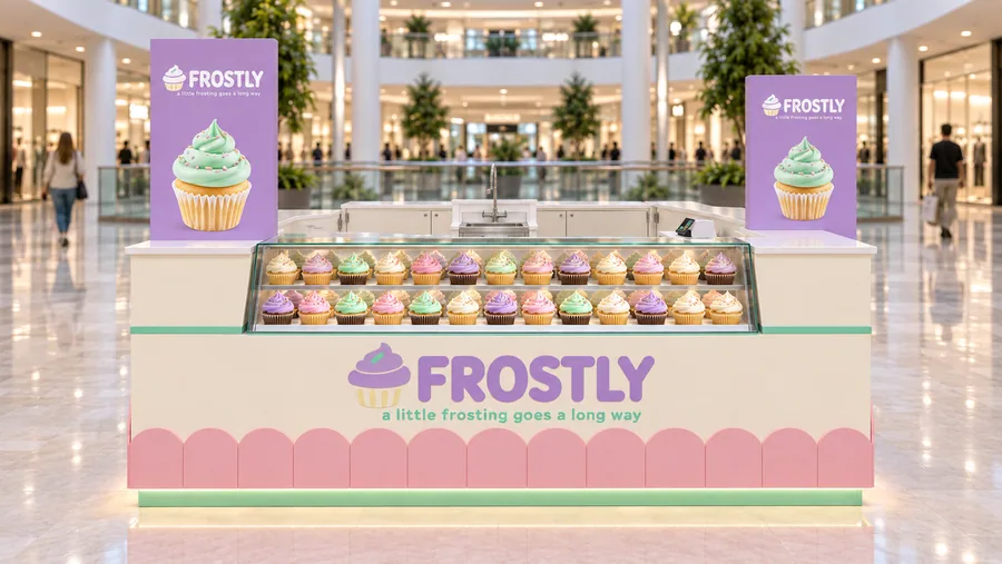 FROSTLY counter-type island kiosk — front view, freshly frosted cupcakes (AI-assisted 3D visualisation)