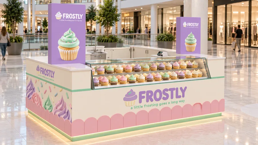 FROSTLY counter-type island kiosk — left three-quarter view, freshly frosted cupcakes (AI-assisted 3D visualisation)