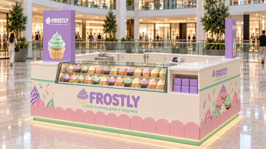 FROSTLY counter-type island kiosk — right three-quarter view, freshly frosted cupcakes (AI-assisted 3D visualisation)