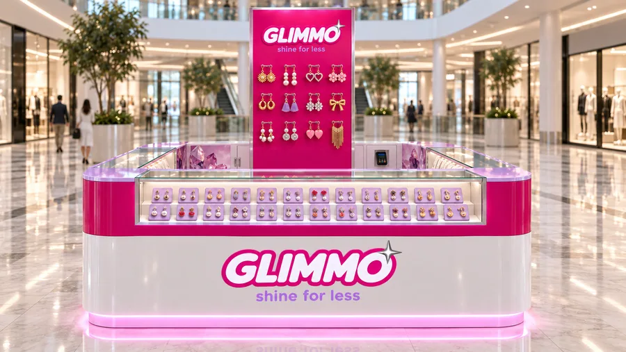 GLIMMO counter-type island kiosk — front view, costume jewellery (bijou) (AI-assisted 3D visualisation)