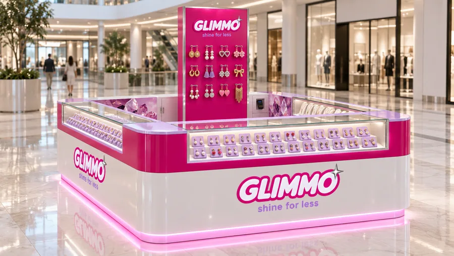 GLIMMO counter-type island kiosk — left three-quarter view, costume jewellery (bijou) (AI-assisted 3D visualisation)
