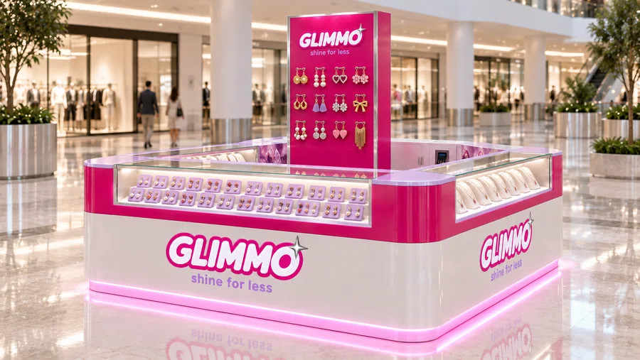 GLIMMO counter-type island kiosk — right three-quarter view, costume jewellery (bijou) (AI-assisted 3D visualisation)