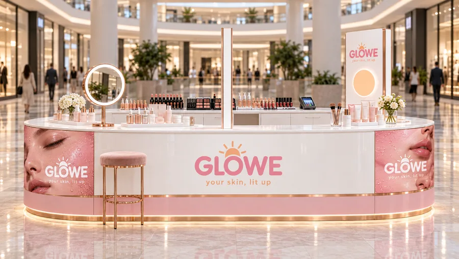 GLOWE counter-type island kiosk — front view, skincare and make-up (AI-assisted 3D visualisation)