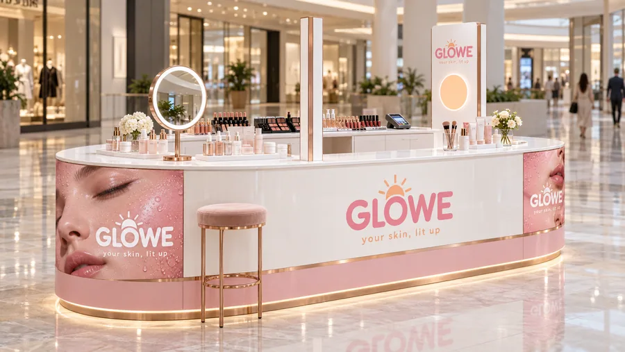 GLOWE counter-type island kiosk — left three-quarter view, skincare and make-up (AI-assisted 3D visualisation)