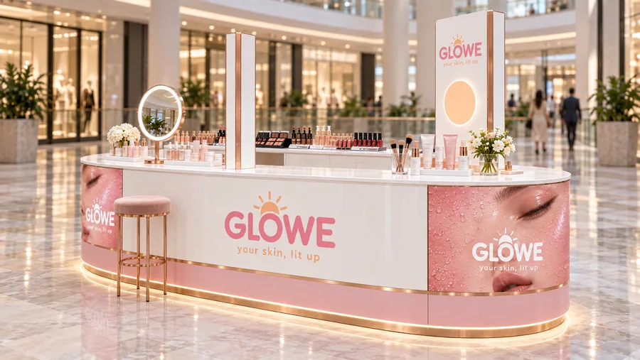 GLOWE counter-type island kiosk — right three-quarter view, skincare and make-up (AI-assisted 3D visualisation)