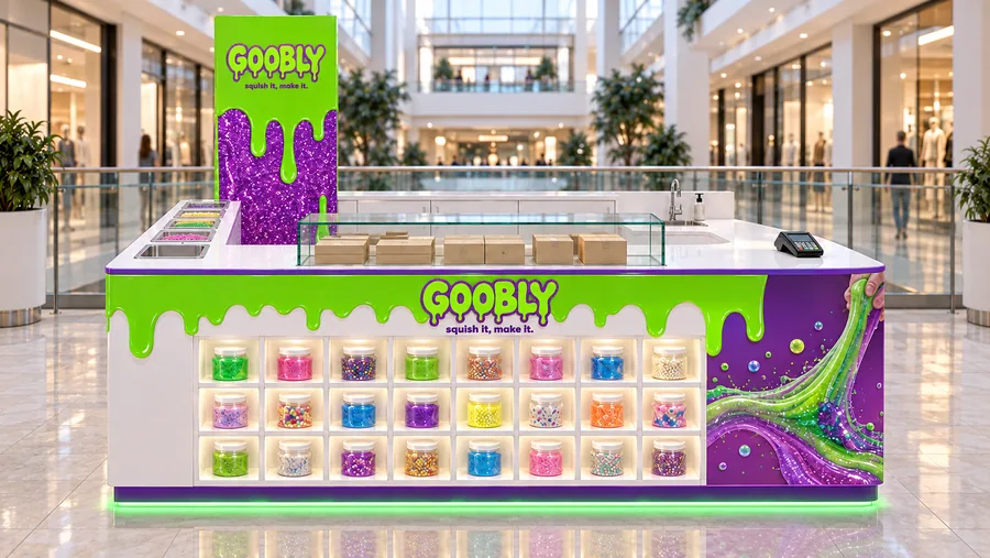 GOOBLY counter-type kiosk in front of a balcony — front view, ready-made slime (AI-assisted 3D visualisation)