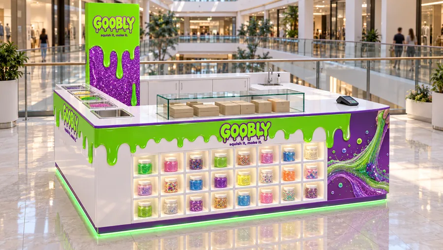 GOOBLY counter-type kiosk in front of a balcony — left three-quarter view, ready-made slime (AI-assisted 3D visualisation)