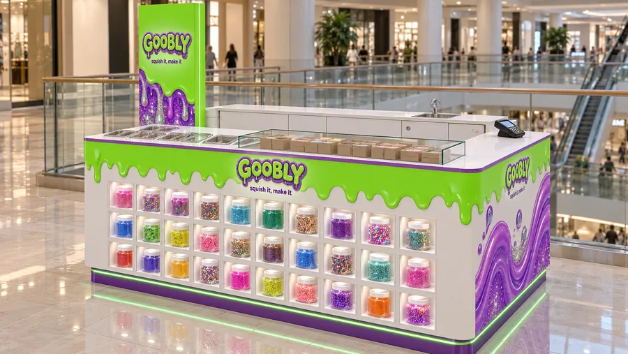 GOOBLY counter-type kiosk in front of a balcony — right three-quarter view, ready-made slime (AI-assisted 3D visualisation)