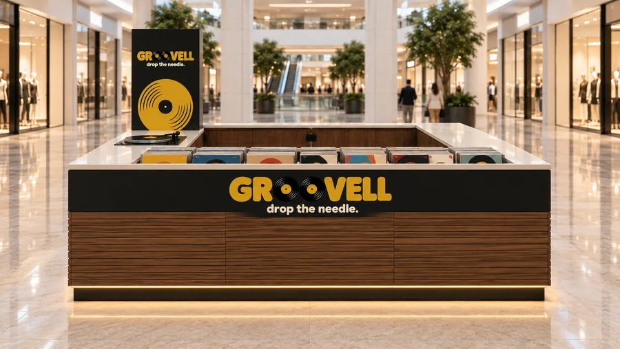 GROOVELL counter-type island kiosk — front view, vinyl records (AI-assisted 3D visualisation)