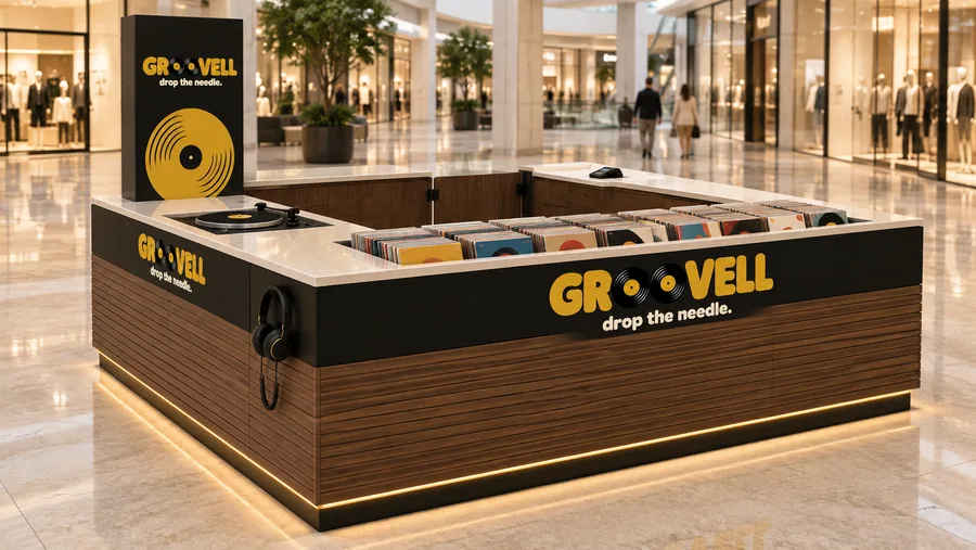 GROOVELL counter-type island kiosk — left three-quarter view, vinyl records (AI-assisted 3D visualisation)