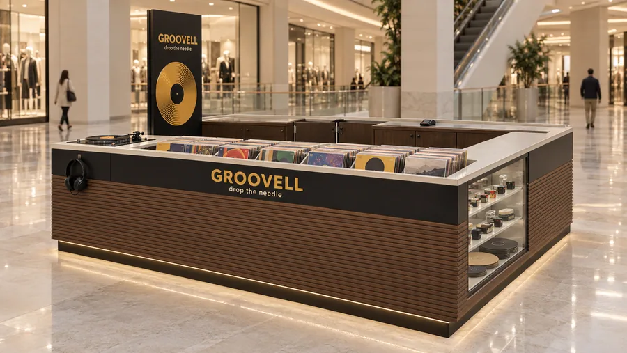 GROOVELL counter-type island kiosk — right three-quarter view, vinyl records (AI-assisted 3D visualisation)