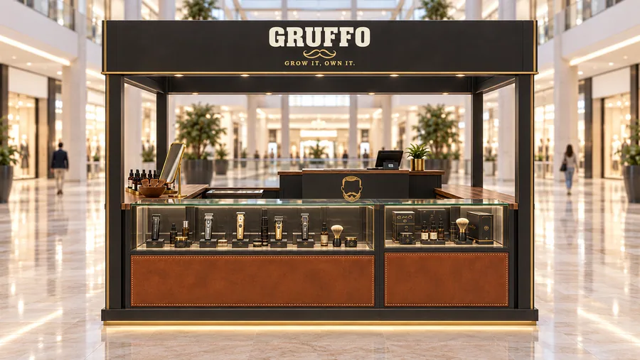 GRUFFO crowned island kiosk — front view, men's grooming (AI-assisted 3D visualisation)