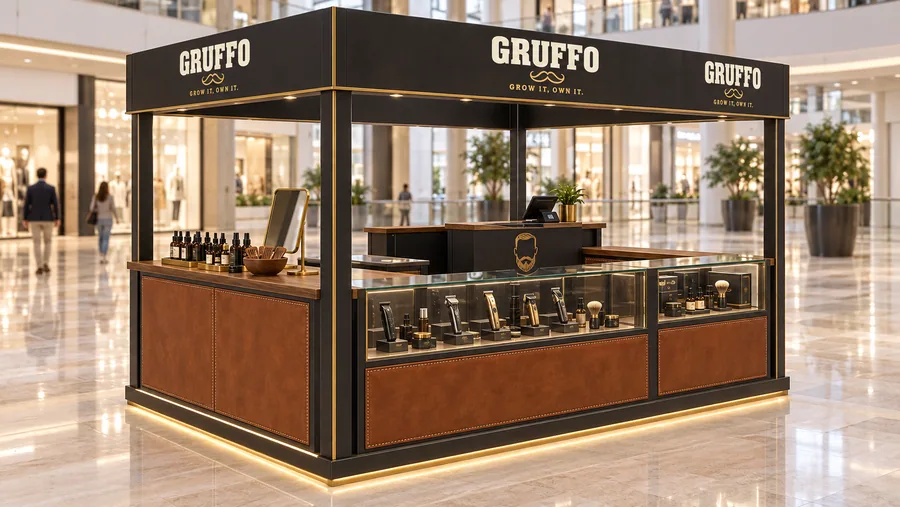 GRUFFO crowned island kiosk — left three-quarter view, men's grooming (AI-assisted 3D visualisation)