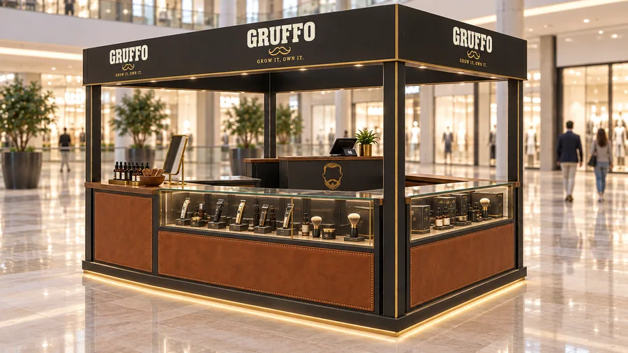 GRUFFO crowned island kiosk — right three-quarter view, men's grooming (AI-assisted 3D visualisation)