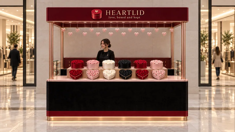 HEARTLID crowned kiosk in front of a wall — front view, preserved roses in round and heart-shaped velvet boxes (AI-assisted 3D visualisation)