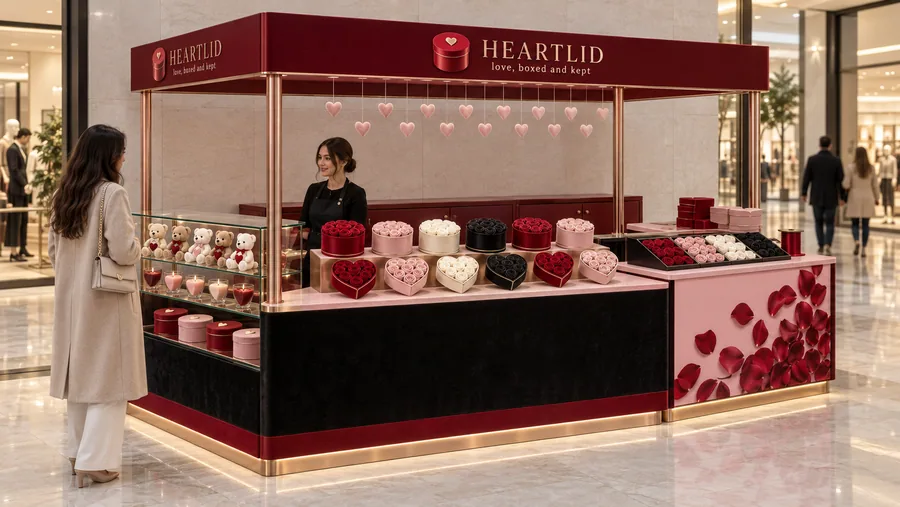 HEARTLID crowned kiosk in front of a wall — left three-quarter view, preserved roses in round and heart-shaped velvet boxes (AI-assisted 3D visualisation)